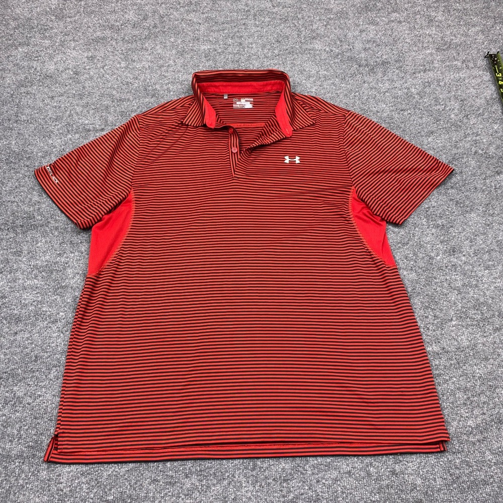 Under Armour Shirt Mens 2XL Red Black Striped HeatGear Coldblack Loose Fit Polo